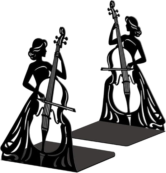 Peacoblue Metal Bookends for Shelves, Modern Decorative Heavy Duty Study Book Ends Stoppers for Office, Desk, Shelf, Room 5.3"x4.3"x7.9" Cast Iron Simple Tall Bookends 1 Pair (Cellist Playing Cello)