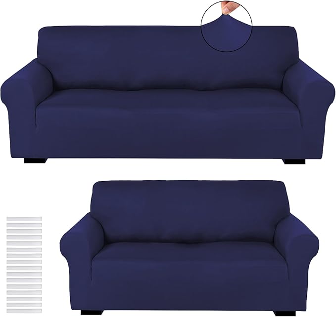 Peryiter 2 Pcs Sofa Covers Couch and Loveseat Covers Set Stretch Sofa Slipcover for Living Room Armchair Furniture Protector, Wrinkle Proof(Navy Blue,Milk Silk)