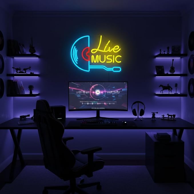 Live Music Neon Sign Handcrafted LED Neon Lights for Bar, Man Cave, Nightclub & Music Room, USB Powered Acrylic Neon Sign for Home Bedroom, Music Stadio & Party Vibes