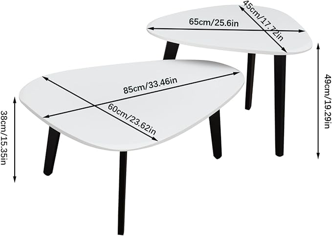 Nesting Coffee Table Set of 2-Mid Century Modern Guitar Pick Stacking Tables with Solid Wood Legs-Waterproof Triangle Center Side End Table for Small Living Room,Apartment,Balcony (White)