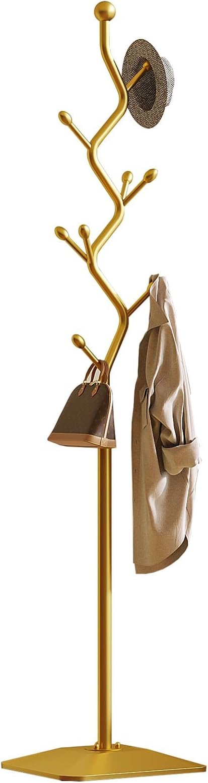 Sturdy Metal Coat rack Tree – Anti-Tip Design with 8 Hooks, Perfect for Home, Dorm, or Office Organization (gold)