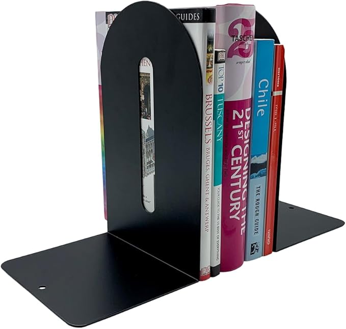 Huron Large 9" Decorative Arched Steel Non-Skid Metal Book Ends for Shelves Heavy Duty Bookends, Black, Pair (1/3/8/24/72) (3)