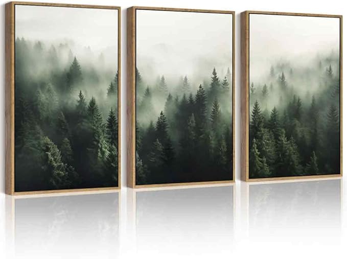 PHOPAGO Green Fog Pine Tree Framed Wall Art Large 16x24in Nature Misty Nordic Forests Artwork Morden Paints for Living Room Home Office Decor - Natural Framed