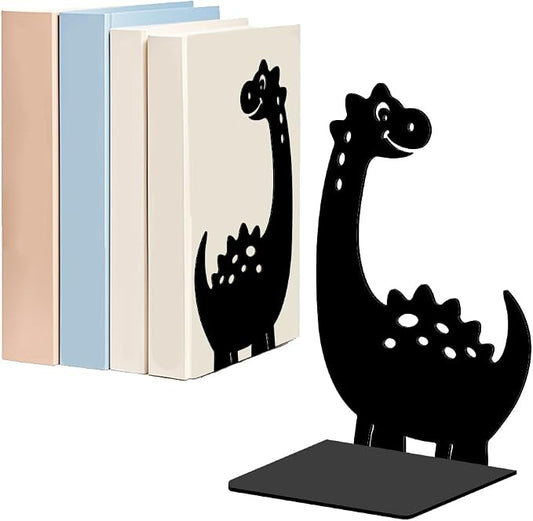 WADORN Cartoon Dinosaur Metal Bookends for Shelves Decorative 1 Pair, Heavy Duty Books End Support Non-Skid Book Holder Black L-Shaped Book Stopper for Home Office Desk Book Divider, 4.7x3.5x7 Inch