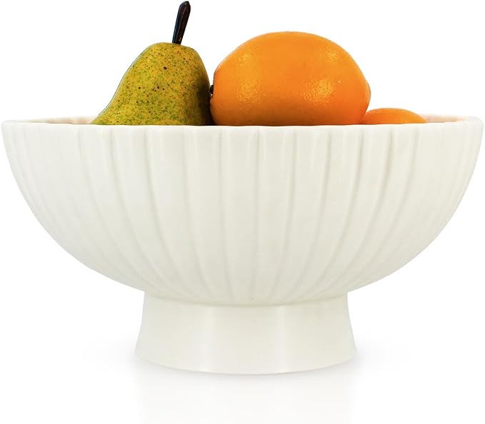 Modern 8 Inch White Ceramic Fruit Bowl - Small Footed Pedestal Fruit Bowl for Kitchen Counter, Farmhouse Chic Centerpiece for Dining Coffee Table & Home Decor,Key Ruffle Bowl for Entryway Table ﻿