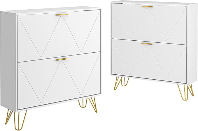 Tradare White Shoe Cabinet Storage for Entryway, Narrow Shoe Cabinet with 2 Flip Drawers,Freestanding Organizer with Fluted Panel for Living Room, Bedroom, Hallway, Closet, Holds 24 Pairs