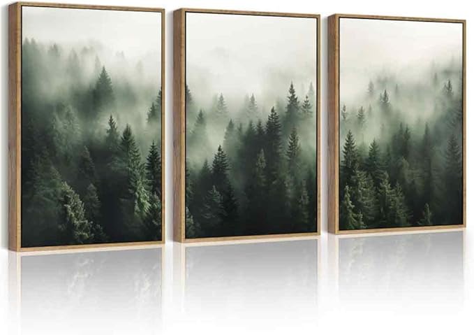 PHOPAGO Green Fog Pine Tree Framed Wall Art Nature Misty Nordic Forests Artwork Morden Paints for Living Room Hallway Decor - 12x16in Natural Framed