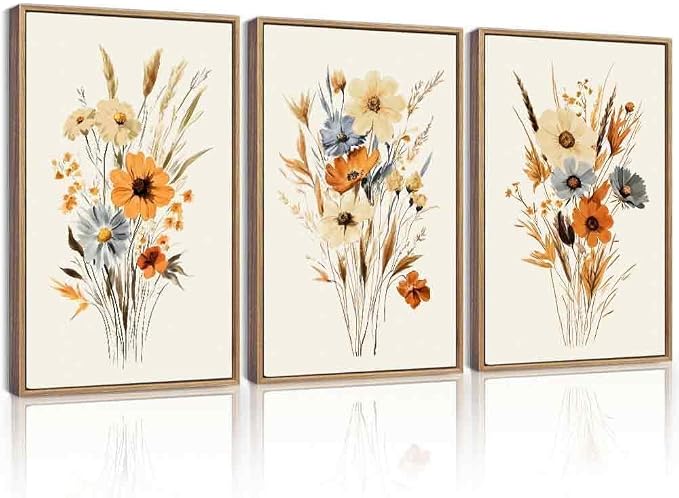 KUVIOKE Vintage Wildflower Bouquet Framed Wall Art Retro Flower Botanical Pictures Illustrations Colorful Floral Hanging Decor 16x24in (Natural Framed)