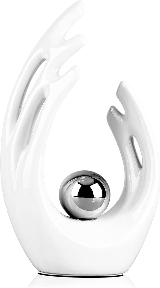 12"H White Silver Aesthetic Room Decor Accent, TV Stand Funky Table Centerpiece, Abstract Art Ceramic Statue and Sculpture, Silver Decor for Living Room, Bookshelf Decorative Objects, Shelf Decor
