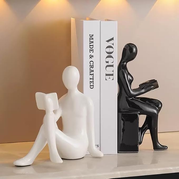 Decorative Bookends, Ceramic Book Ends for Shelves, Home Office Decor Aesthetic Book Stopper Reading Book Holders Statues for Bookshelf Bedroom Living Room Decoration (White and Black)
