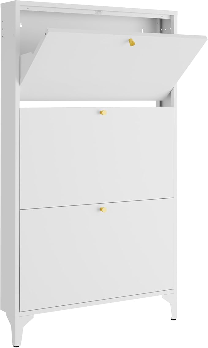 Slim Shoe Cabinet with 3 Flip Drawers,Narrow Shoe Cabinet,Freestanding Organizer,Metal Hidden Shoe Storage for Entryway,Hallway,Living Room(Width 27.56, White)