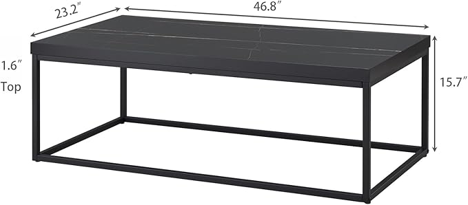 CENSI Modern Black Marble Coffee Table for Living Room - 47" Rectangular Center Table with Extra Thick 1.6" Faux Stone Top & Sturdy Metal Frame, Industrial Cocktail Table, Easy Assembly