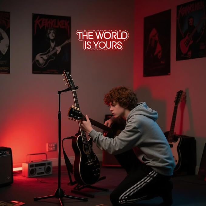 The World is Yours Neon Sign,Red Dimmable LED Light Signs for Wall Art Decor,Backdrop for Cinema Bedroom Club Party Man Cave,Gift for Boys Teen Men USB Powered（14.2"*5.5"）