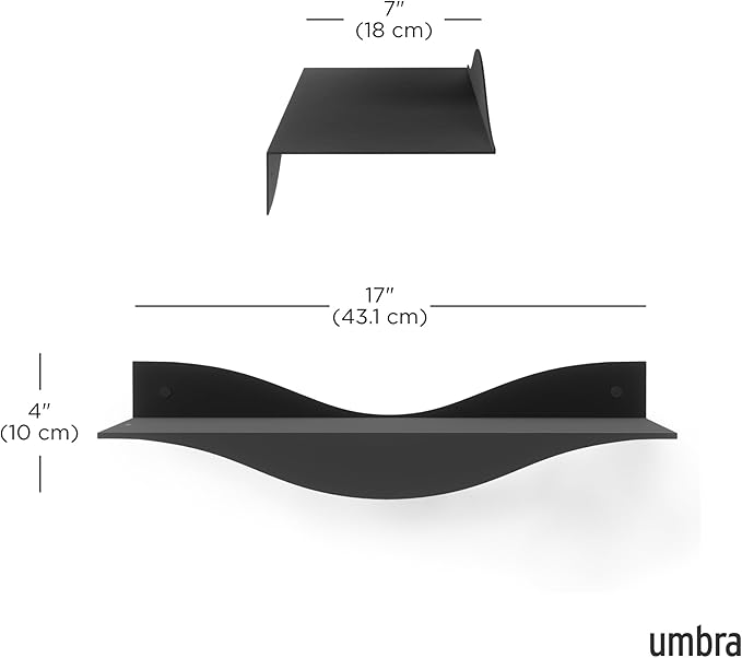 Umbra Surf Shelf Set of 2 – Black Metal Floating Shelves for Wall Storage & Décor, Modern Wave Design, 100% Steel, Holds 15 lbs. Each, Easy Installation Shelving for Bedroom, Living Room & Office