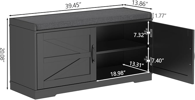 Loomie Shoe Storage Bench, 2-Tier Farmhouse Entryway Bench with Padded Seat Cushion, 13.78" D x 39.37" W x 19.69" H, Slim Shoe Cabinet Bench for Entryway, Living Room, Bedroom (Black)