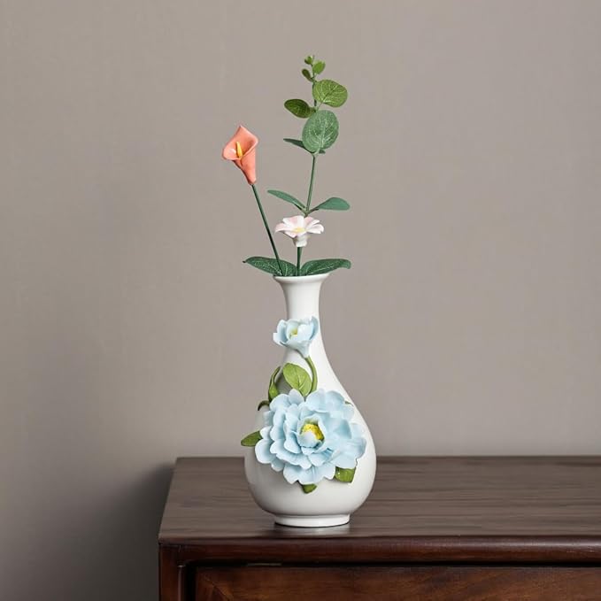 Ceramic Flower Vase Home Decor,Handmade Flowers Ceramic Aesthetic Flower for Home,Living Room,Dining Table,Farmhouse,Office Decor,Bedroom,Table and Kitchen Shelf (Blue, Style B)