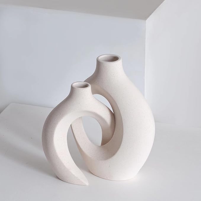 Liotww Ceramic Vases for Home Decor Set of 2, Off White Boho Small Flower Vase, Minimalist Decorative Modern Donut Vase for Living Dining Room Office Entryway Book Shelf Coffee Console Table Décor