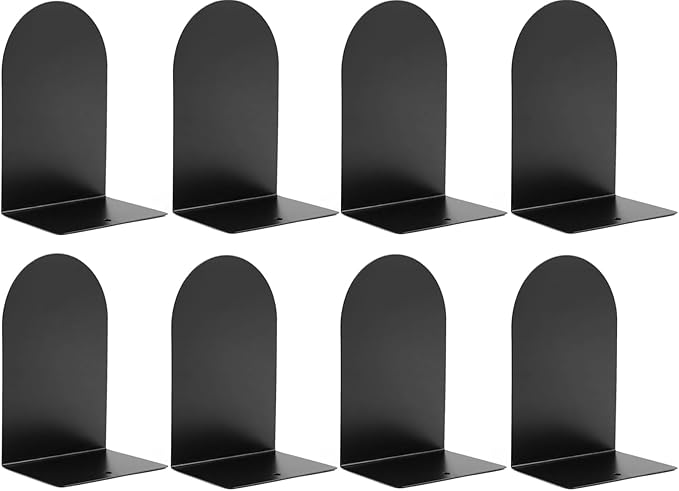 Metal Book Ends for Shelves - 8Pcs Bookends for Heavy Books Non-Skid Decorative Book Stopper to Hold Books/CDs for Home Office School and Desktop Organizer, Black