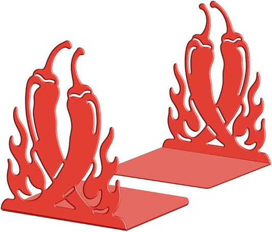 Peacoblue Metal Bookends for Shelves, Modern Decorative Heavy Duty Study Book Ends Stoppers for Office Desk Shelf, Room 5.3"x4.3"x6.1" Cast Iron Tall Bookends 1 Pair (Red Chili and Flame)