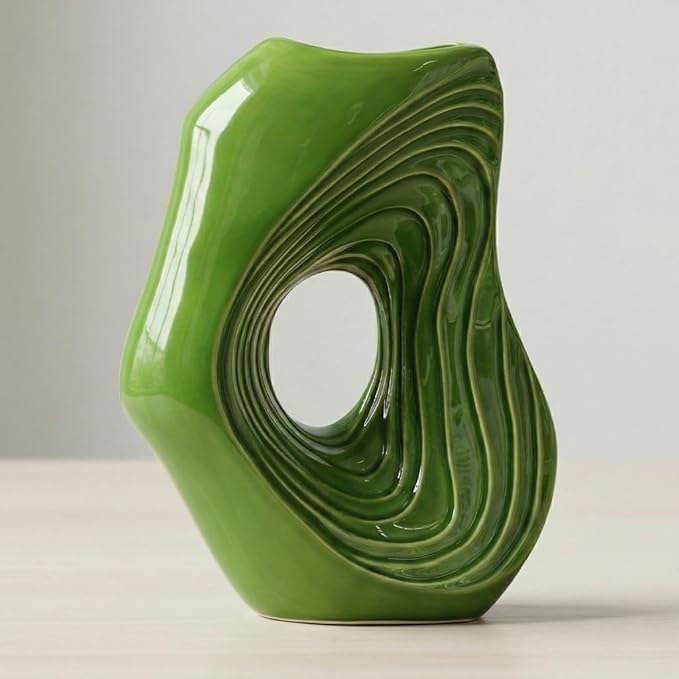 Sunddo Donut Green Ceramic Vase for Home Decor, 11 Inch Tall Modern Flower Vase for Pampas Grass, Unique Decoration Vases for Living Room, Shelf, Entryway, Fireplace Mantel, Console Decor