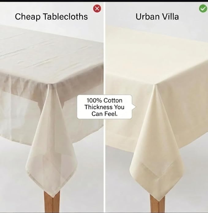 Urban Villa Table Cloth Ivory Kitchen Dining Tabletop Cover 100% Cotton 60x102 Inches Rectangle Tablecloth Washable Reusable Durable Ideal for Hotel Restaurant Farmhouse Wedding Holiday Dinner Parties