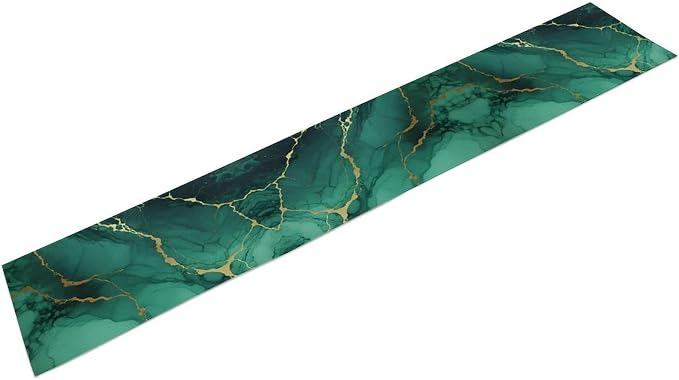Luxurious Teal Marble Table Runner, Dark Green Gold Textured Art Accent Table Runner for Kitchen Dining Cafe Party Home Decor, 13x90 Inch