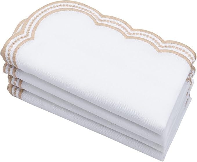 White Napkins with Gold Trim, 100% Cotton, Beige and White Scalloped Embroidery Cloth Napkins Washable Table Dinner for Hotel Restaurant Weddings Events Parties, Set of 4, 18x18