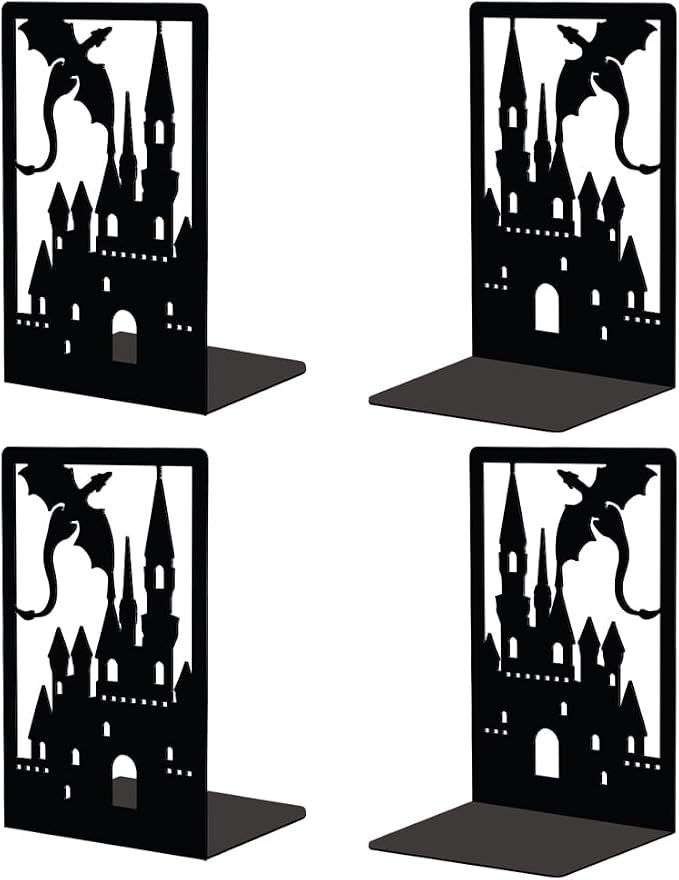 Peacoblue Metal Bookends for Shelves Room Decorative, 2 Pairs of Creative Heavy Duty Study Bookends Stoppers Holder Stand for Desk Shelf 4.7"x3.5"x7" Book Ends to Support Books (Dragon Castle)