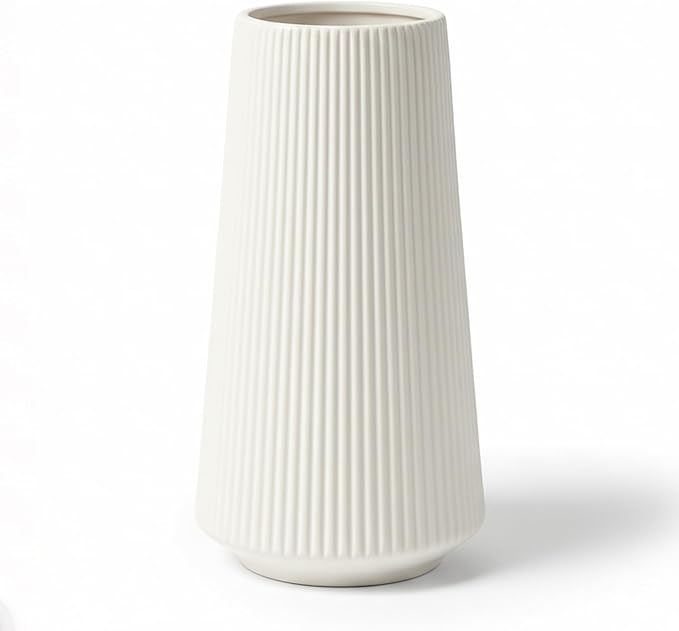 White Modern Vase, 8 Inch Ceramic Small Ribbed Textured Flower Vase for Pampas Grass & Dried Flowers - Minimalist Home Decor, Watertight, Non-Slip Base