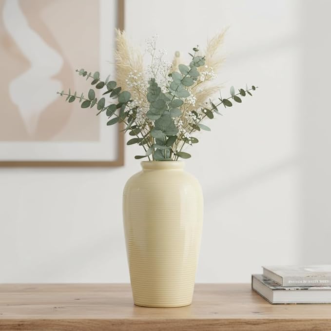 Beige Ceramic Vase for Home Decor - 11 Inch Tall Boho Vases for Flower, Modern Textured Vase for Centerpieces, Pampas Grass, Living Room, Kitchen, Fireplace, Entryway Decor