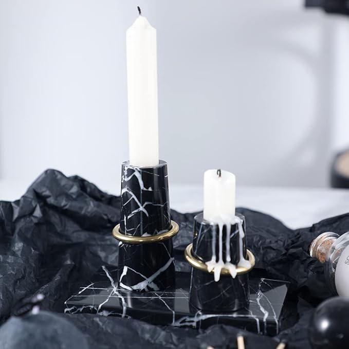 JIMEI Luxurious Marble Candle Holders Black Candlestick Holders, Set of 2 for 3/4" Taper Candles, Black and Brass Gold, Modern Candle Holders for Table Centerpiece Wedding Home Decor