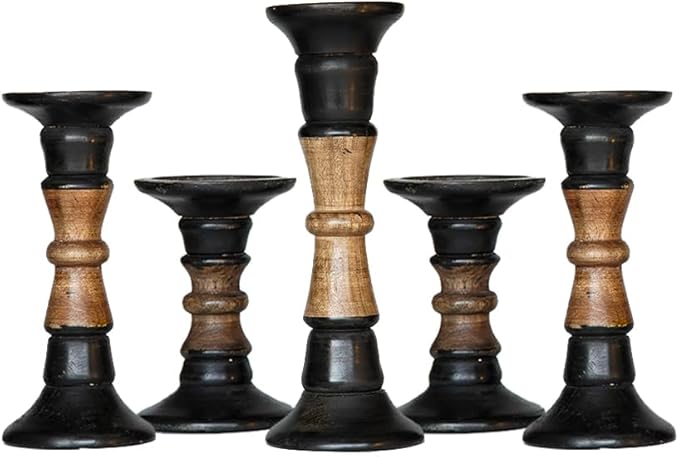 Traditional Dark Polish Eco-Friendly Handmade Mango Wood Set of Five 6",9",12",9" & 6" Pillar Candle Holder