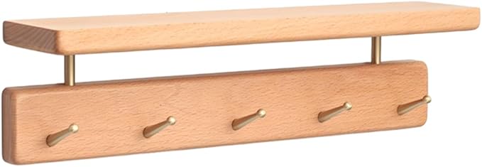 Wall Mounted Coat Rack with Shelf, Wooden Entryway Organizer with 5 Hooks, Wall Shelf with Hooks for Hallway, Bedroom, Bathroom (Beech, 14.96inch/5 Hooks)