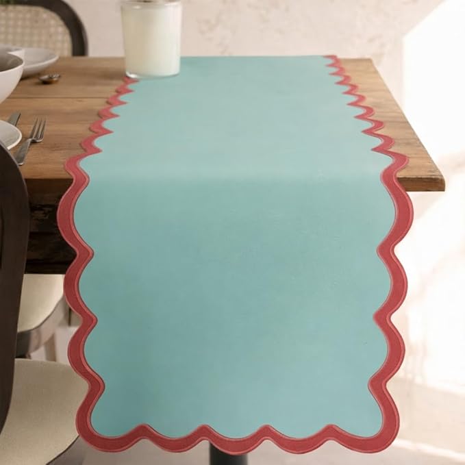 Folkulture Table Runner 90 inches Long | Scalloped Table Runner for Farmhouse Decor or Boho Decor | Green Table Runners for Dining | 100% Cotton