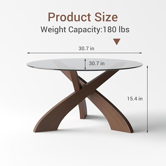 Honyee Glass Coffee Table, 30.7” Round Coffee Table with Tempered Glass Top, Walnut Wood X-Shaped Base, Stable Modern Center Table for Living Room, Apartment and Small Spaces