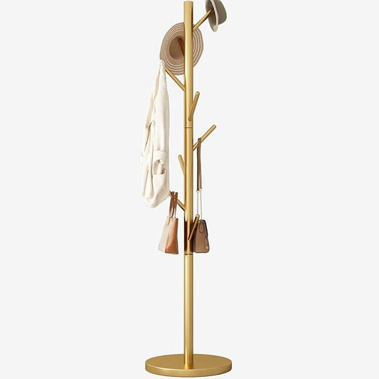 Coat Rack Freestanding Metal Coat Rack Stand with 8 Hooks Sturdy Heavy Duty Modern Coats Tree for Bags Clothes Hall Tree Hats Hanger Holder Stand for Entryway Bedroom Hallway Office, Gold