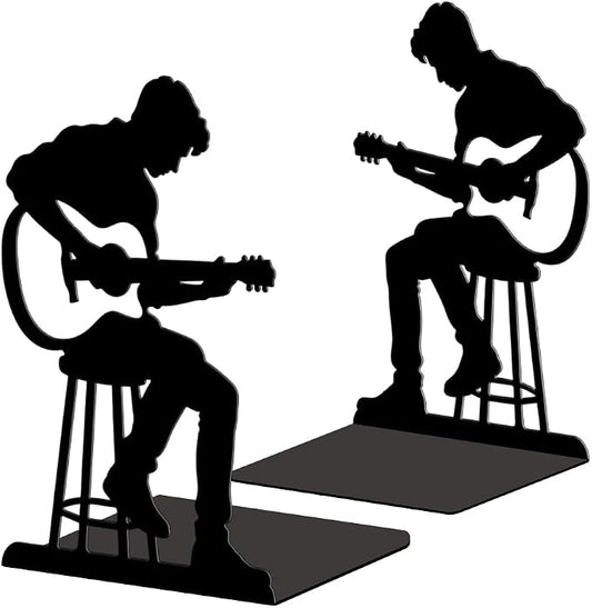 Peacoblue Metal Bookends for Shelves, Modern Decorative Heavy Duty Study Book Ends Stoppers for Office Desk Shelf, Room 5.3"x4.3"x7.9" Cast Iron Tall Bookends 1 Pair (Guitar Performer)