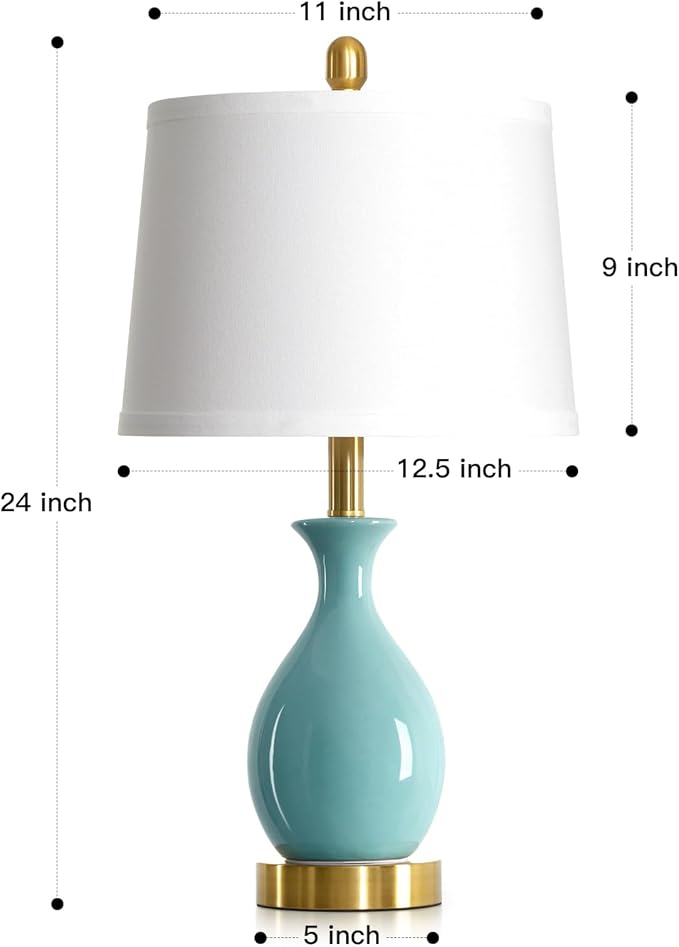 24" Aqua Blue Ceramic Table Lamps Set of 2, Modern Classic Bedside Lamps for Bedroom Nightstand, Small Table Lamp for Living Room End Table (2 LED Bulbs Included)