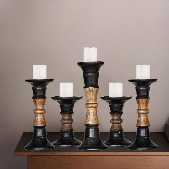 Traditional Dark Polish Eco-Friendly Handmade Mango Wood Set of Five 6",9",12",9" & 6" Pillar Candle Holder