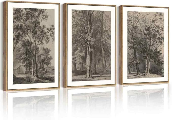 PHOPAGO Vintage Tree Framed Wall Art Retro Forest Wall Decor Nature Wilderness Sketch Paints Modern Bedroom Living Room Decor - 12x16in Natural Framed
