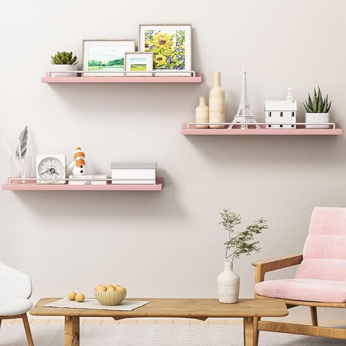 RYOFOBETTO 22 inches Long Floating Shelves, Bathroom Decor Shelves Over Toilet, Farmhouse Wall Shelves for Living Room, Bedroom, Picture Frames, Plants, Kitchen, Set of 3 (Pink and White)