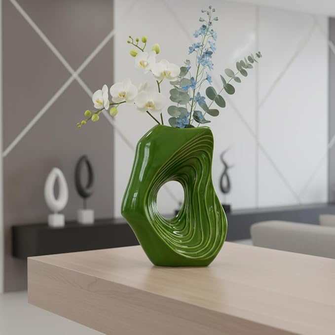 Sunddo Donut Green Ceramic Vase for Home Decor, 11 Inch Tall Modern Flower Vase for Pampas Grass, Unique Decoration Vases for Living Room, Shelf, Entryway, Fireplace Mantel, Console Decor
