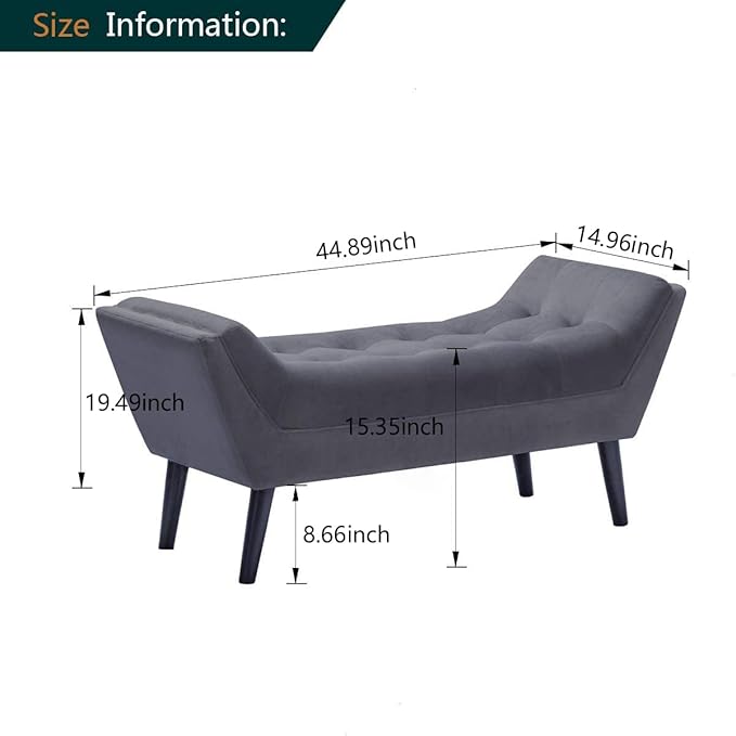 Alunaune Velvet Tufted Ottoman Bed Bench for Bedroom End of Bed Bench, Upholstered Entryway Bench Storage Ottoman Footstools with Wood Legs-2 Seater, Dark Gray