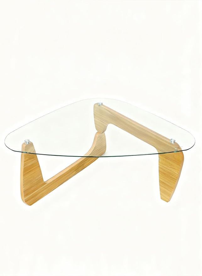 Morden Coffee Table,Glass Coffee Table with Natural Wood Legs,42.5" x 28.5" x 16" Triangle Tempered Glass Top for Living Room, Walnut