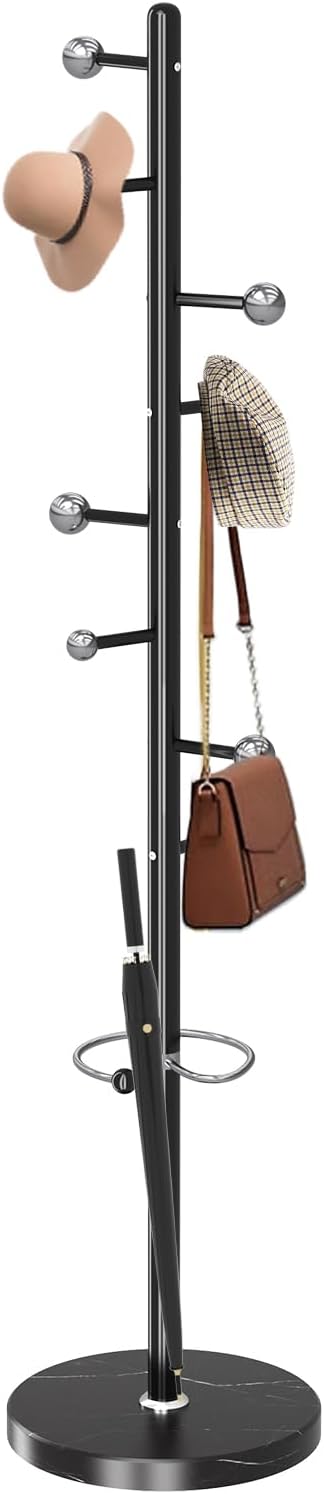 Modern Metal Coat Rack Stand, Coat Rack Freestanding with Natural Marble Base, Sturdy Heavy Duty Coat Racks with 8 Hooks, Black Coat Hall Tree Stand for Entryway, Office