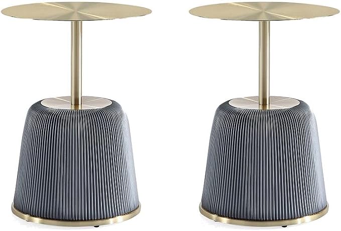 Manhattan Comfort Anderson Modern 15.75" Round End Tables 1.0 - Elegant Leatherette Upholstered Base with Pleated Design & Gold Steel Tabletop, Fully Assembled Accent Furniture, Set of 2, Grey