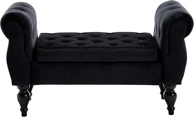 Armed Storage Bench for End of Bed, Modern Bedroom Bench with Wood Legs Upholstered Velvet Entryway Bench with Storage, Button Tufted Window Bench for Living Room, Reception, Black