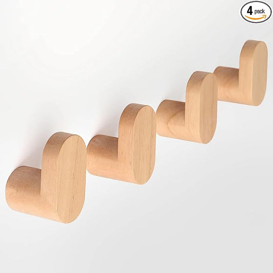 Wood Wall Hooks, Modern Minimalist Wood Hooks Wall Mounted, Natural Wooden Wall Coat Hook Rack, Wooden pegs for Hanging Hat, Towel, Robe, Bag (Pack of 4pcs)