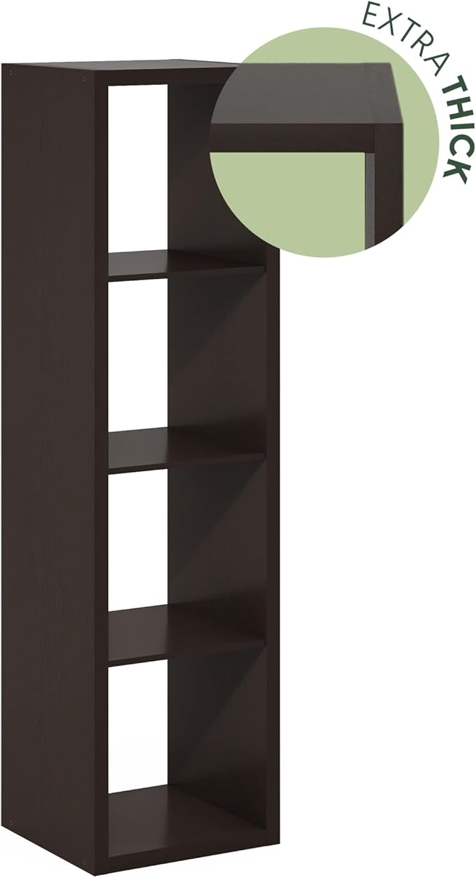 Furinno CUBICLE Book Shelf, Vertical 4-Cube Bookshelf, Extra Thick Horizontally & Vertically Reversible Bookcase with Open Back, 14.6" x 16" x 58",For Living Room, Bedroom, Home Office, Black Dark Oak
