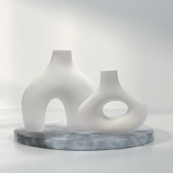 Flower Vase Set of 2 Matte White Ceramic Donut Vases for Unique Table Centerpieces, Aesthetic Decorative Vases for Home, Bookshelf, Console, Farmhouse, Coffee Table